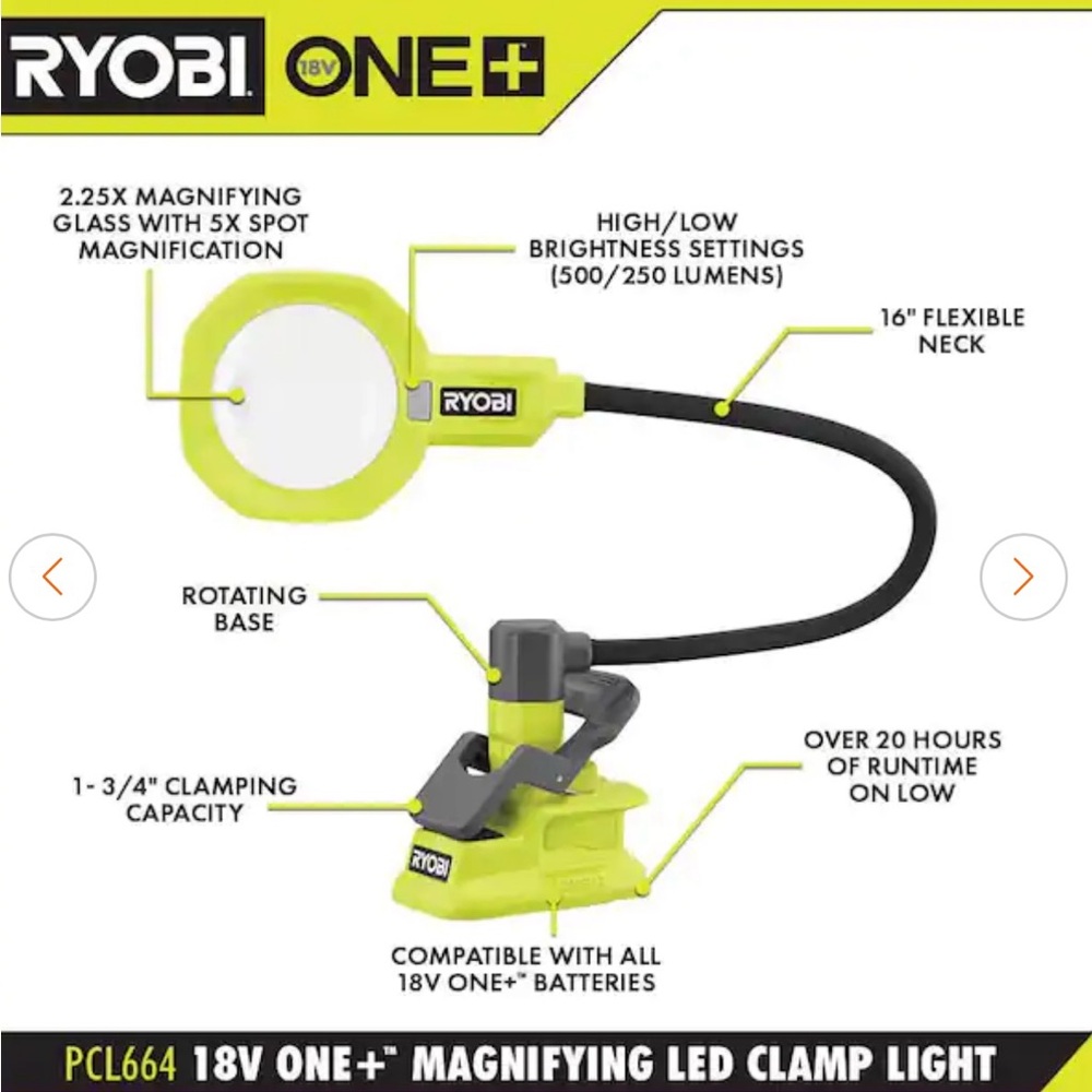 Ryobi 18V ONE+ Magnifying Light with Battery charging station & battery, no box